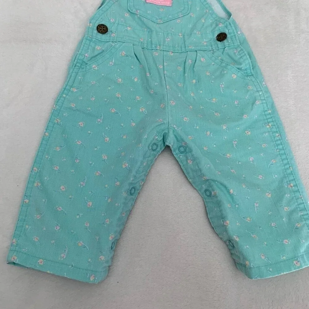 Vintage OshKosh Bgosh Mint Green Floral Corduroy Overalls 12M Made‎ in USA